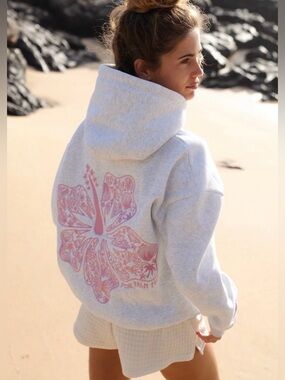 Pink Palm Puff "Hawaii Hibiscus" Hoodie in Heather Cloud Size Small